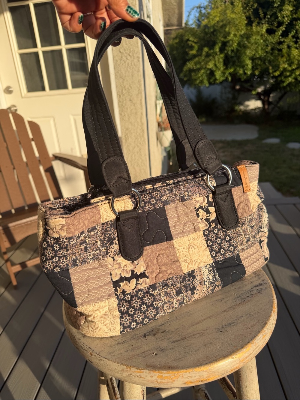 Quilted Patchwork Shoulder Bag in Black and Tan